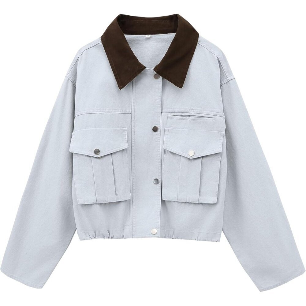 Women's Blue Cropped Contrast Collar Utility Coat Cargo Jacket Imported